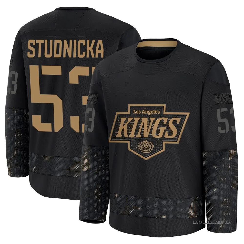 Premium Jack Studnicka Black Los Angeles Kings 2024 Military Appreciation Practice Jersey - Youth